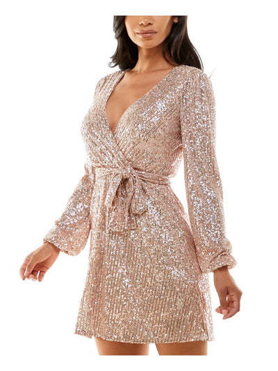 EMERALD SUNDAE Womens Pink Sequined Lined Pullover Tie Belt Long Sleeve Surplice Neckline Short Evening Fit + Flare Dress XS