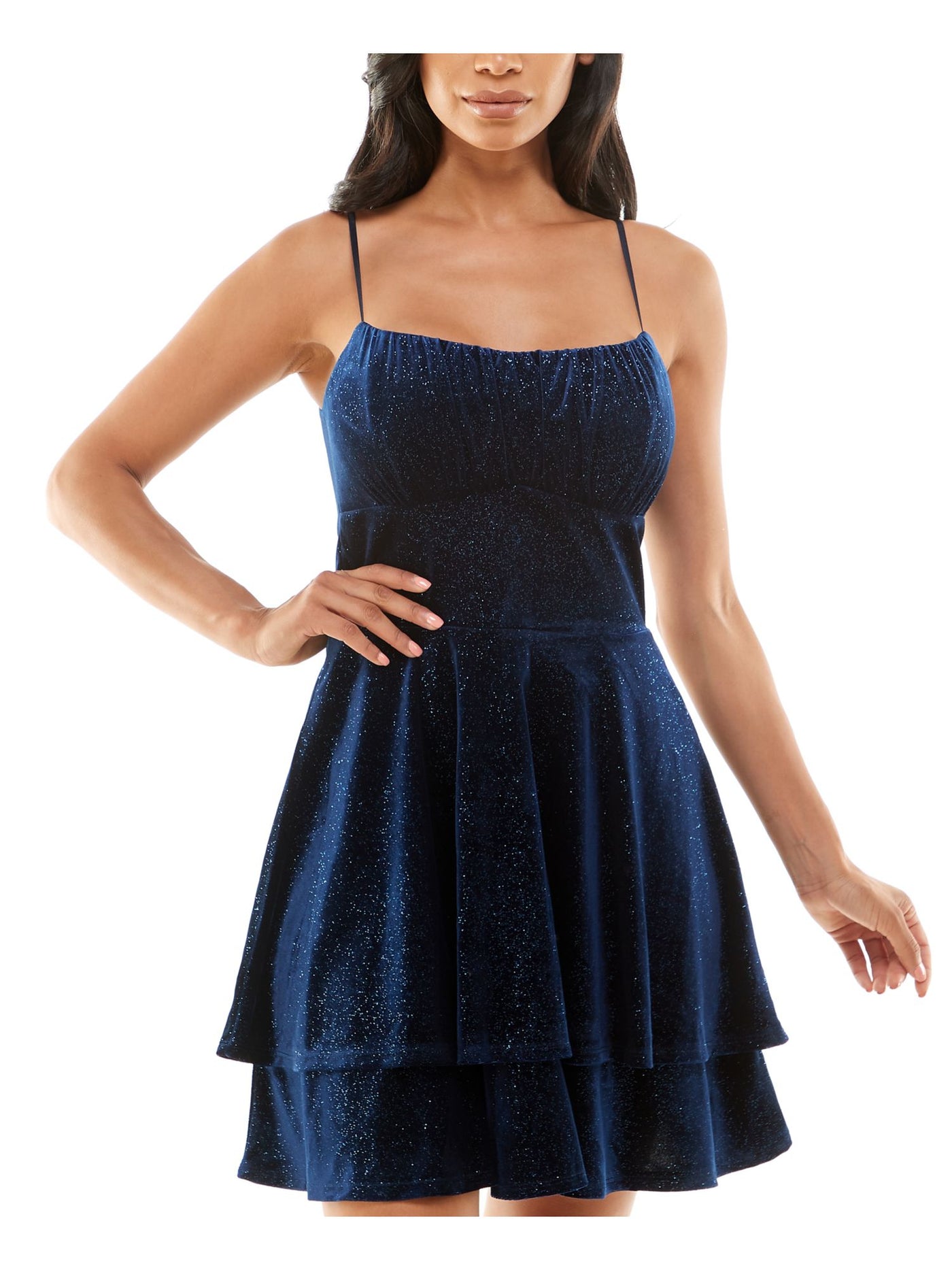 EMERALD SUNDAE Womens Navy Zippered Shirred Double-layer Skirt Spaghetti Strap Square Neck Short Party Fit + Flare Dress Juniors L