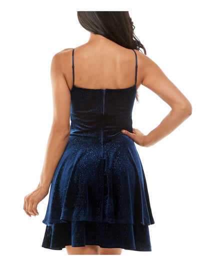 EMERALD SUNDAE Womens Navy Zippered Shirred Double-layer Skirt Spaghetti Strap Square Neck Short Party Fit + Flare Dress Juniors L