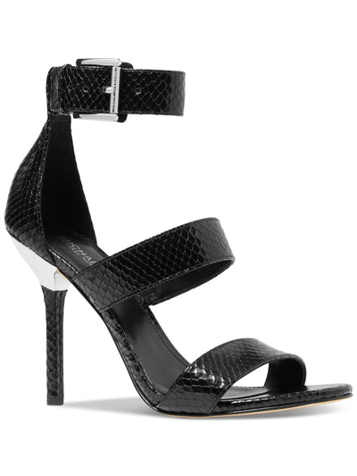 MICHAEL MICHAEL KORS Womens Black Snake Embossed Goring Padded Amal Round Toe Stiletto Buckle Leather Dress Heeled Sandal 6.5 M