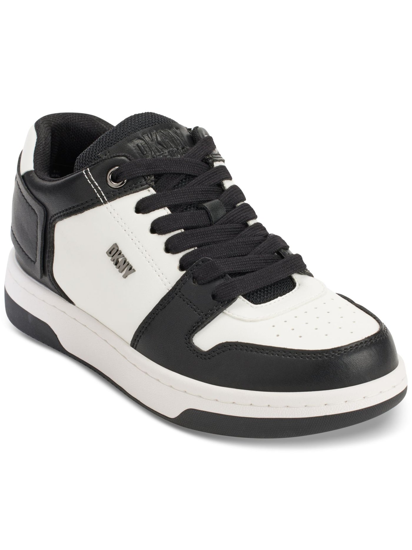DKNY Womens White Color Block Logo Hardware Padded Collar And Tongue Perforated Padded Ozone Round Toe Platform Lace-Up Leather Sneakers Shoes 5 M