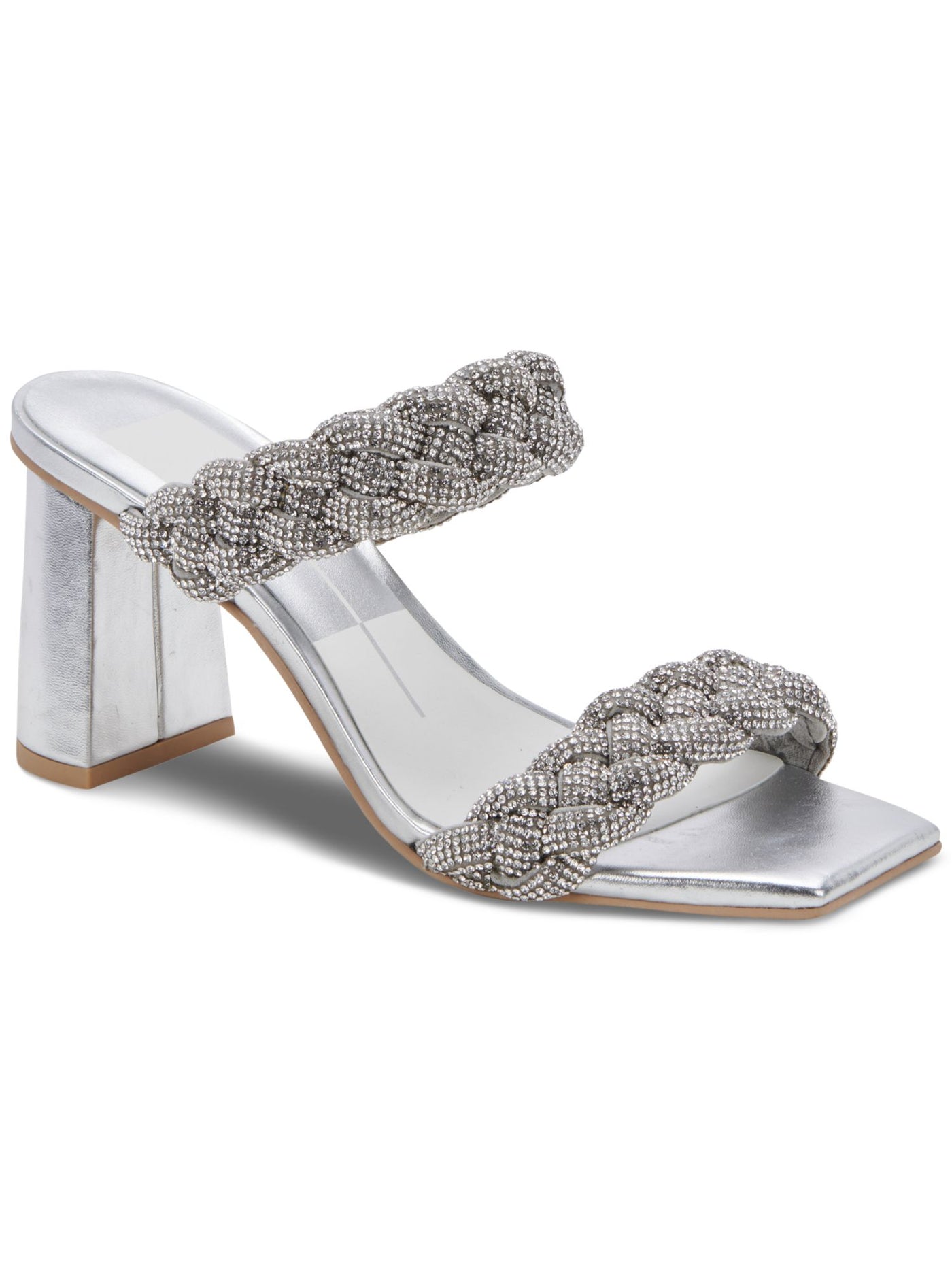 DOLCE VITA Womens Silver Padded Embellished Braided Paily Rhinestone Square Toe Block Heel Slip On Dress Heeled Sandal 8.5