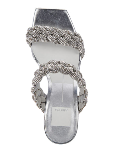 DOLCE VITA Womens Silver Padded Embellished Braided Paily Rhinestone Square Toe Block Heel Slip On Dress Heeled Sandal 8