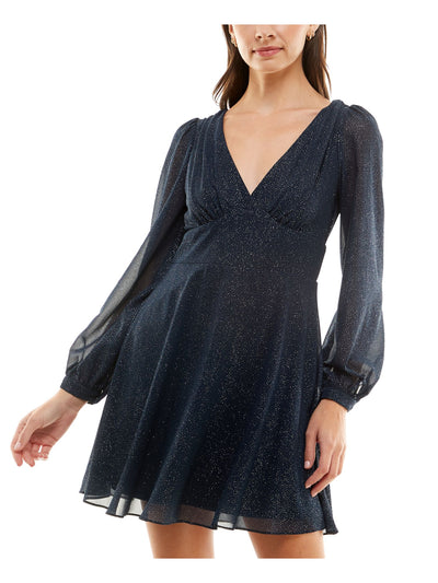 B DARLIN Womens Navy Glitter Zippered Long Sleeve V Neck Short Party Fit + Flare Dress 1\2