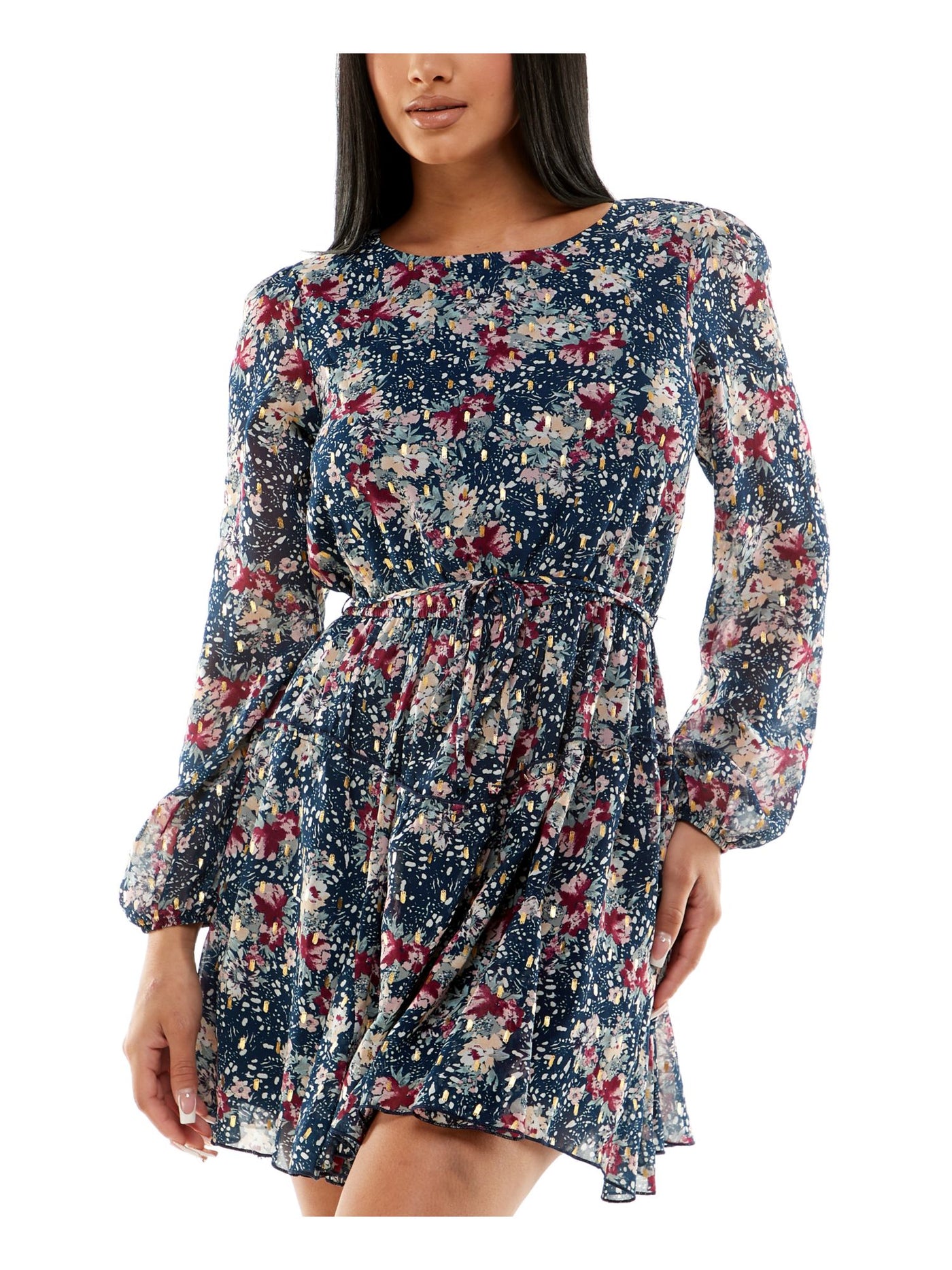 SPEECHLESS Womens Navy Lined Ruffled Pullover Keyhole Back Tie Belt Floral Long Sleeve Round Neck Short Fit + Flare Dress L