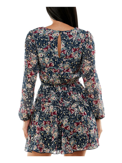 SPEECHLESS Womens Navy Lined Ruffled Pullover Keyhole Back Tie Belt Floral Long Sleeve Round Neck Short Fit + Flare Dress L