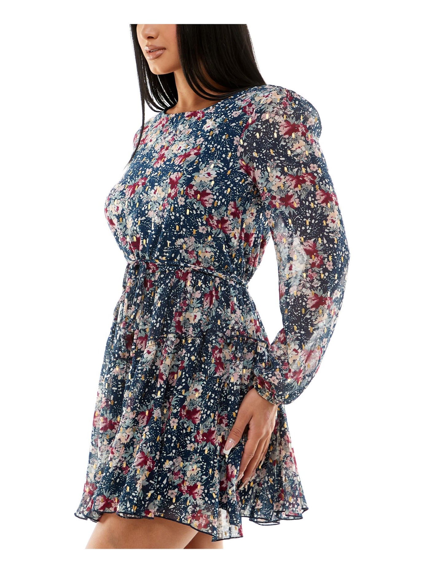 SPEECHLESS Womens Navy Lined Ruffled Pullover Keyhole Back Tie Belt Floral Long Sleeve Round Neck Short Fit + Flare Dress L