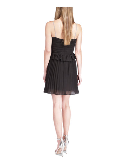 MICHAEL MICHAEL KORS Womens Black Zippered Pleated Rhinestone Straps Ruffled Lined Sleeveless V Neck Short Party Fit + Flare Dress 6