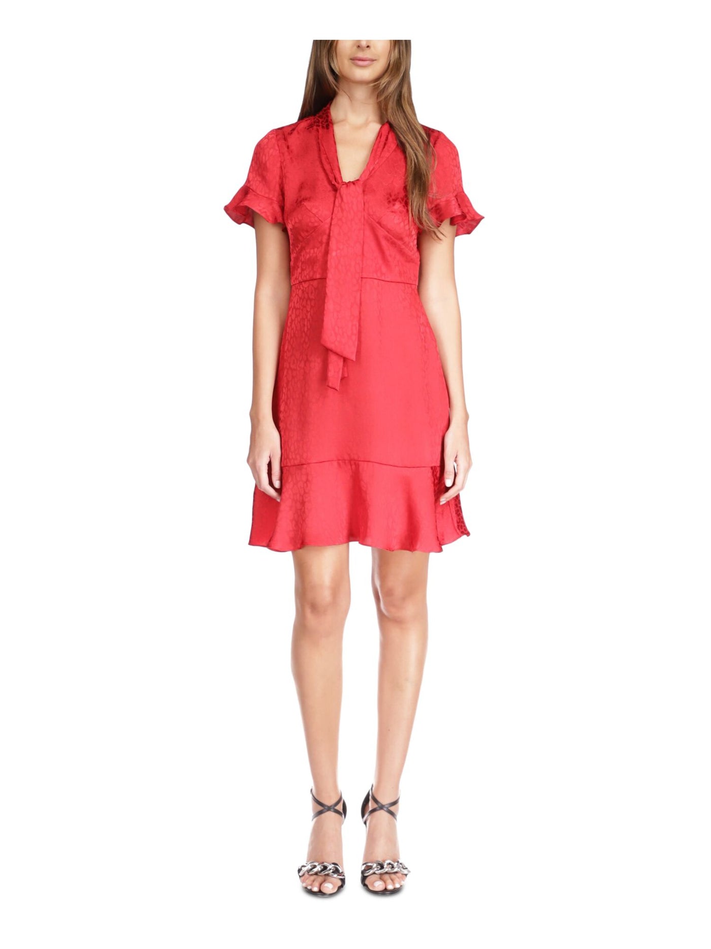 MICHAEL MICHAEL KORS Womens Red Ruffled Pullover Tie Detail Short Sleeve V Neck Short Party Fit + Flare Dress M