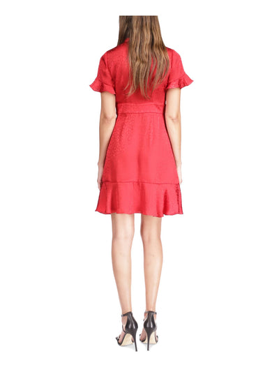 MICHAEL MICHAEL KORS Womens Red Ruffled Pullover Tie Detail Short Sleeve V Neck Short Party Fit + Flare Dress M