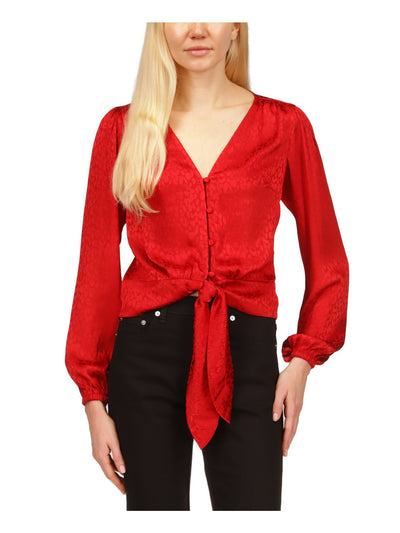 MICHAEL MICHAEL KORS Womens Red Long Sleeve V Neck Button Up Top S