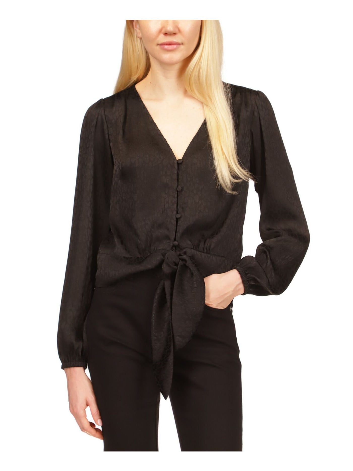 MICHAEL MICHAEL KORS Womens Black Long Sleeve V Neck Cocktail Button Up Top S