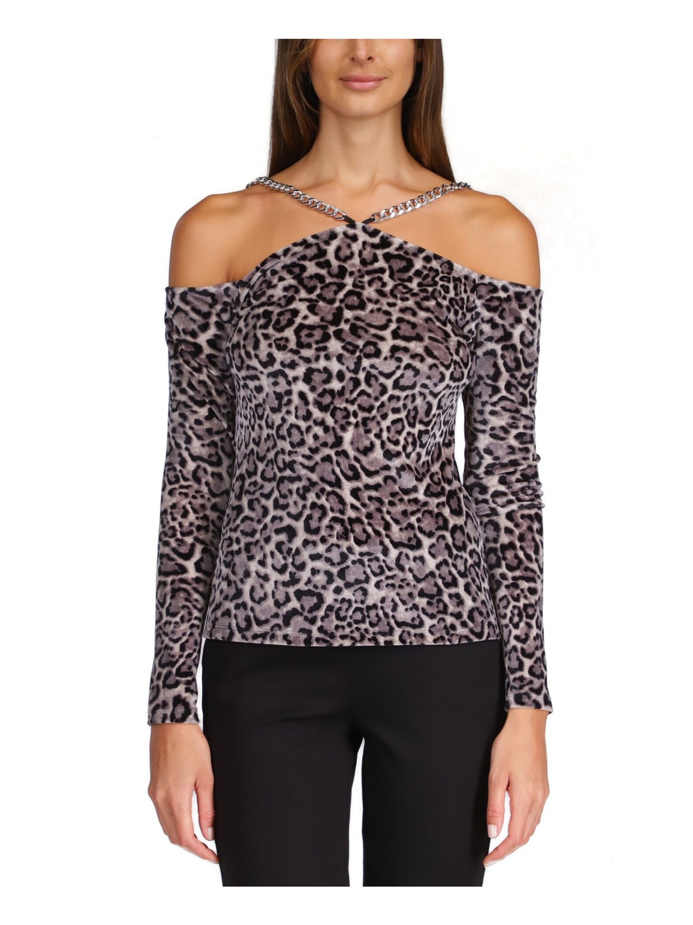 MICHAEL MICHAEL KORS Womens Gray Cold Shoulder Unlined Chain Pullover Animal Print Long Sleeve Halter Cocktail Top M