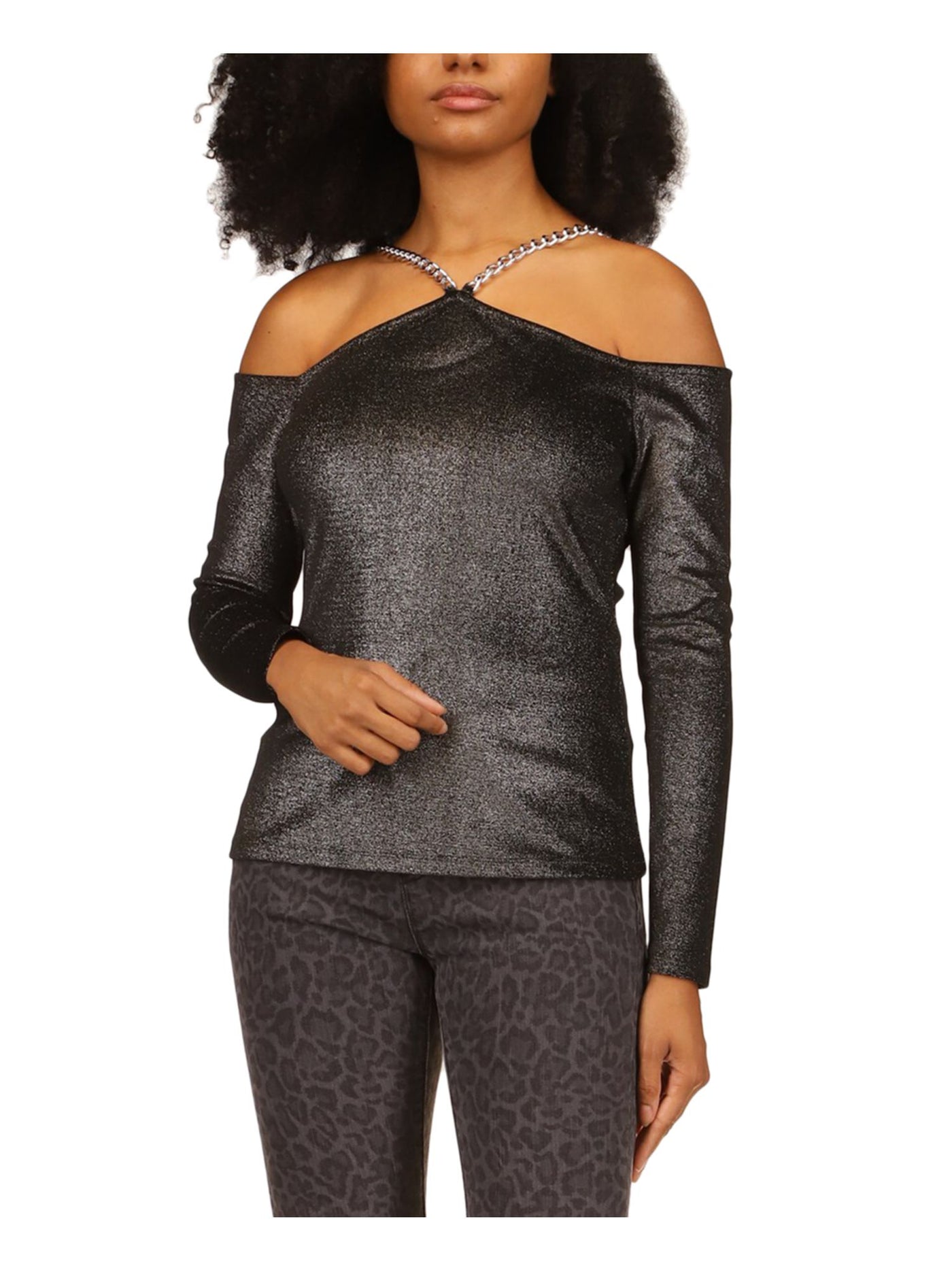 MICHAEL MICHAEL KORS Womens Black Cold Shoulder Chain Detail Long Sleeve V Neck Party Top S