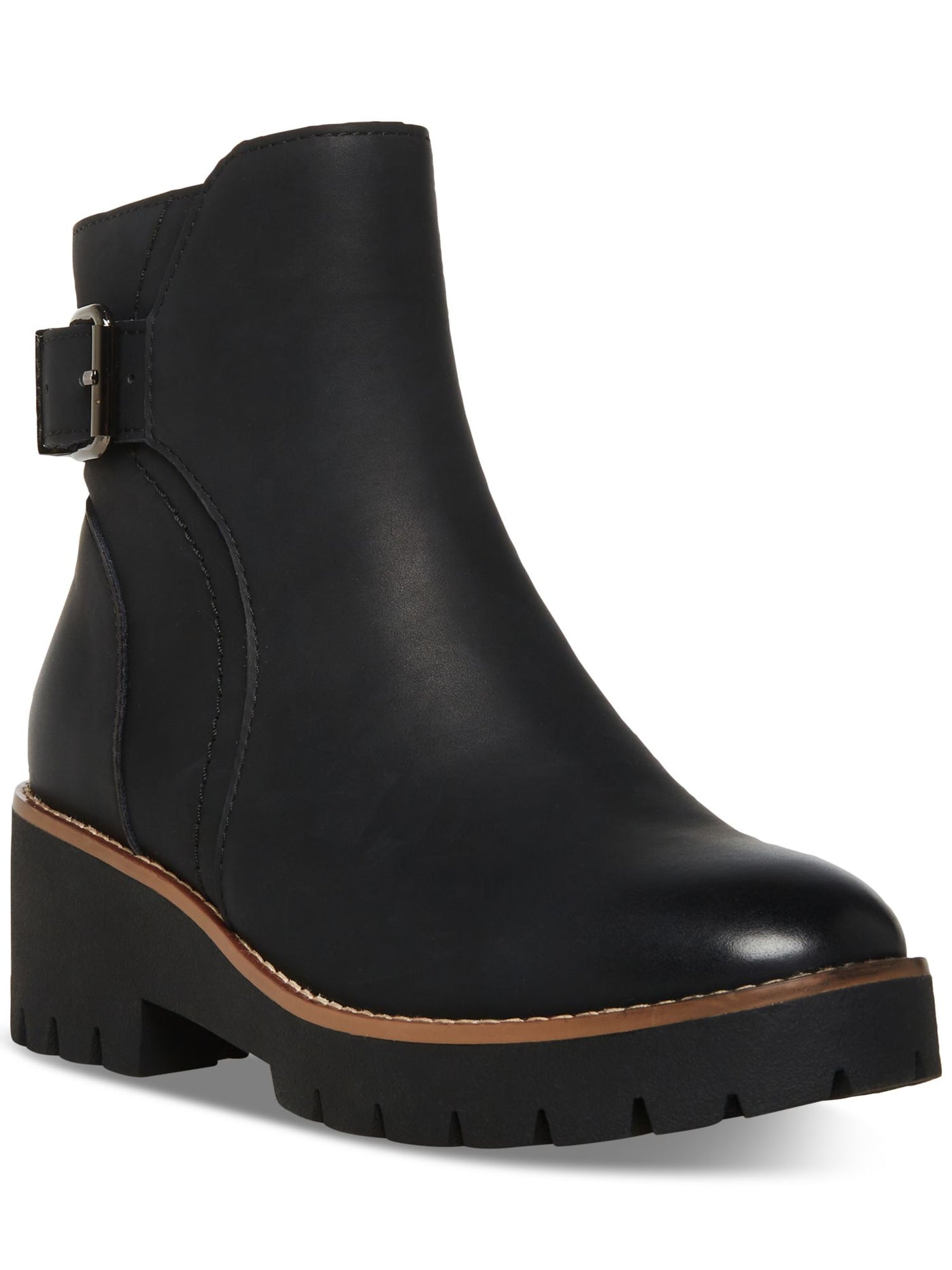 AQUA COLLEGE Womens Black Padded Waterproof 1" Platform Buckle Accent Lug Sole Desiree Almond Toe Block Heel Zip-Up Leather Booties 9.5 M