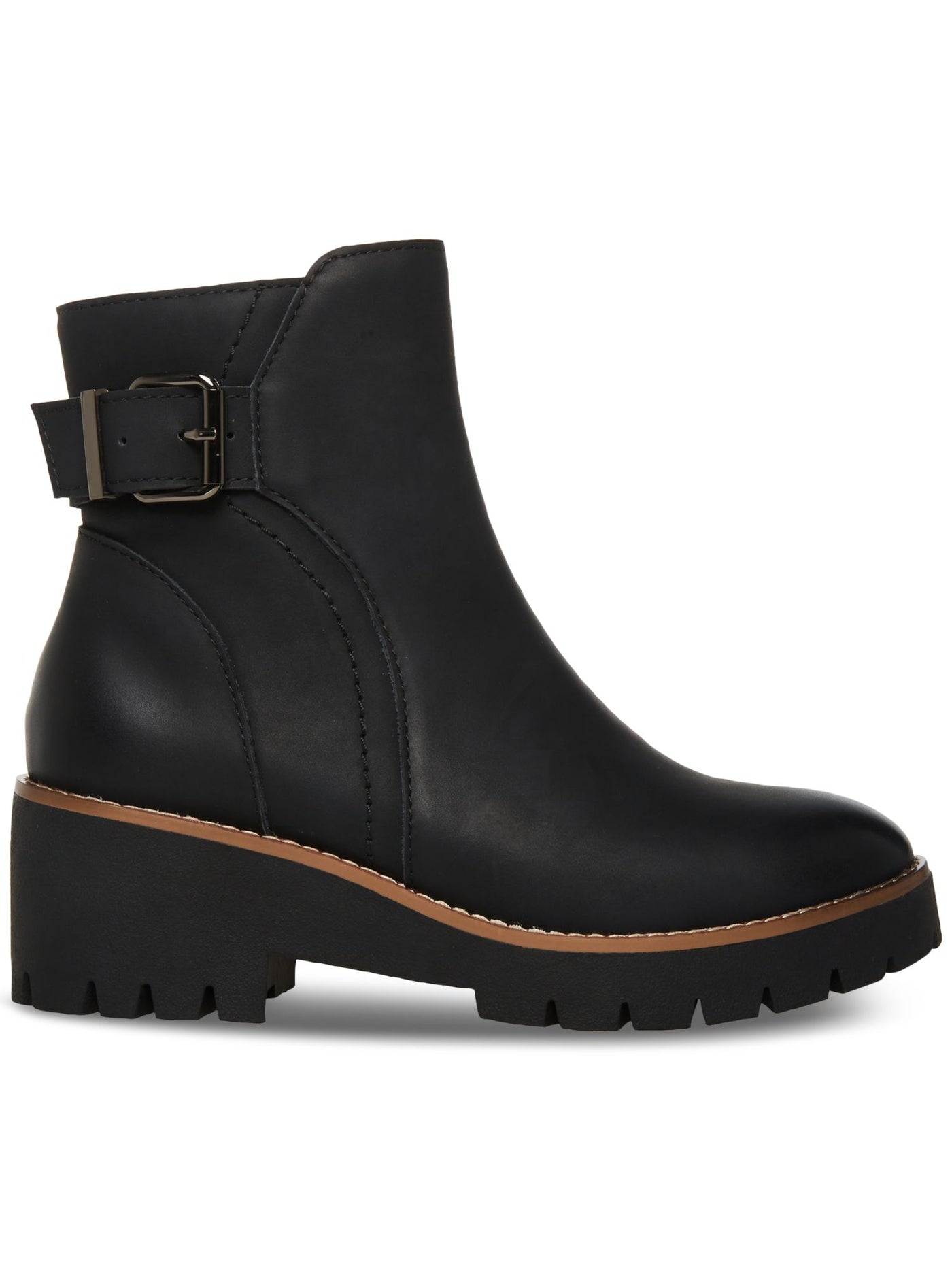 AQUA COLLEGE Womens Black Padded Waterproof 1" Platform Buckle Accent Lug Sole Desiree Almond Toe Block Heel Zip-Up Leather Booties 9.5 M