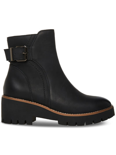 AQUA COLLEGE Womens Black Padded Waterproof 1" Platform Buckle Accent Lug Sole Desiree Almond Toe Block Heel Zip-Up Leather Booties 9.5 M