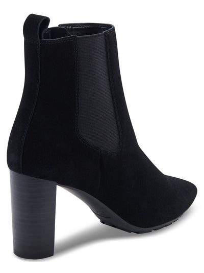 AQUA COLLEGE Womens Black Waterproof Katlyn Pointed Toe Stacked Heel Zip-Up Suede Booties 8 M