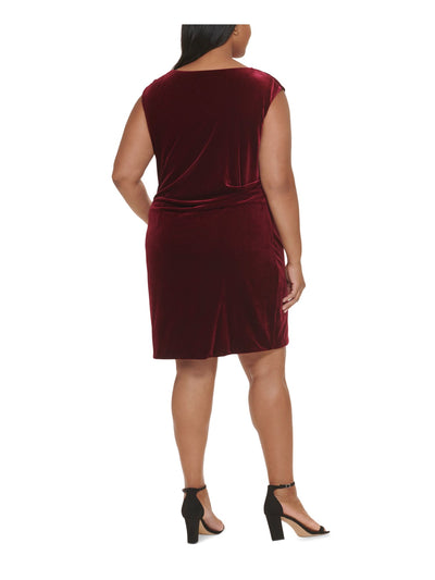 JESSICA HOWARD Womens Maroon Zippered Ruched Pullover Lined Darted Sleeveless Cowl Neck Above The Knee Evening Sheath Dress Plus 14W