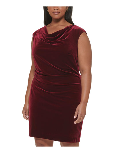 JESSICA HOWARD Womens Maroon Zippered Ruched Pullover Lined Darted Sleeveless Cowl Neck Above The Knee Evening Sheath Dress Plus 14W