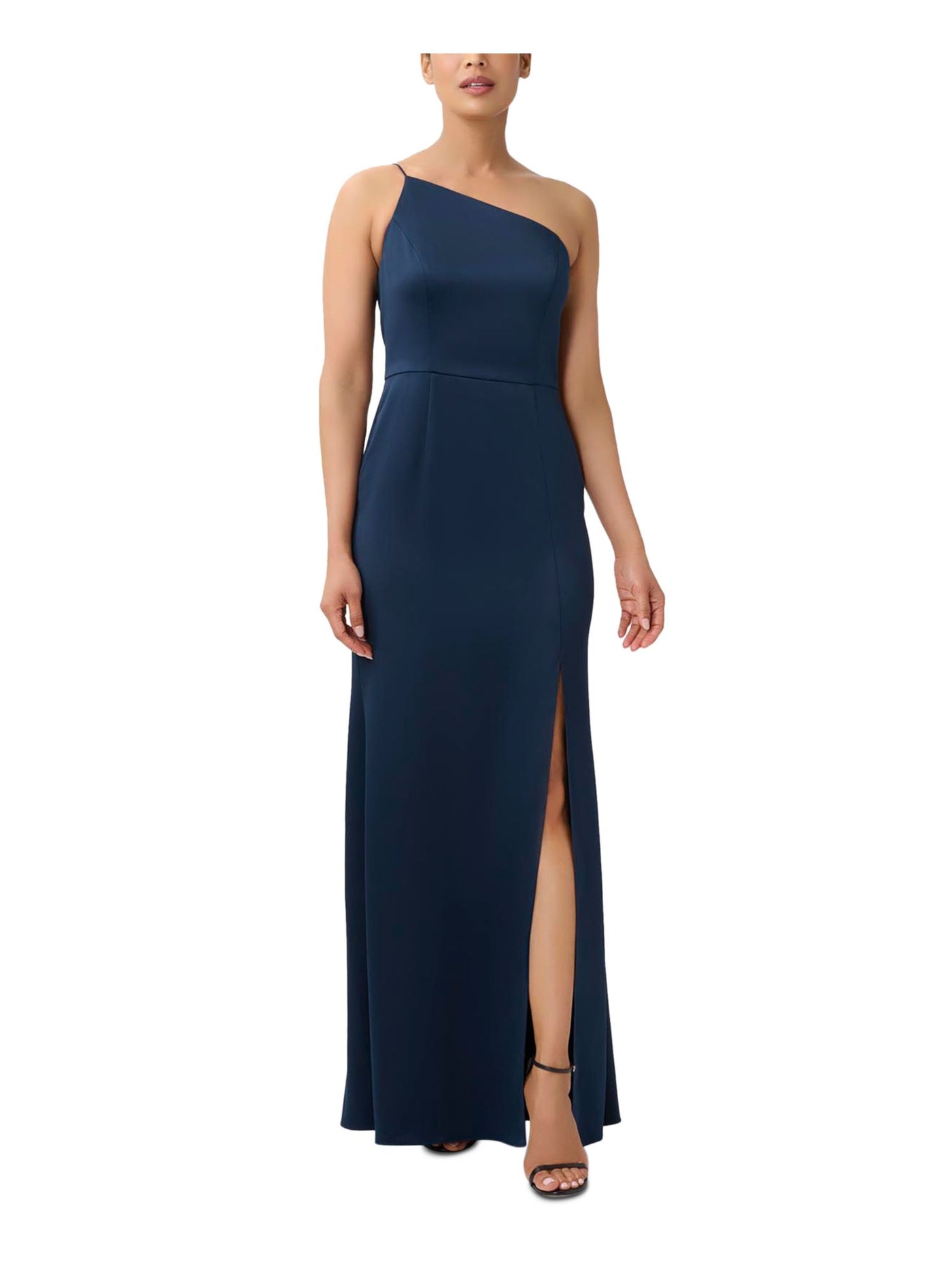 ADRIANNA PAPELL Womens Navy Zippered Unlined Slit Spaghetti Strap Asymmetrical Neckline Full-Length Formal Gown Dress 8