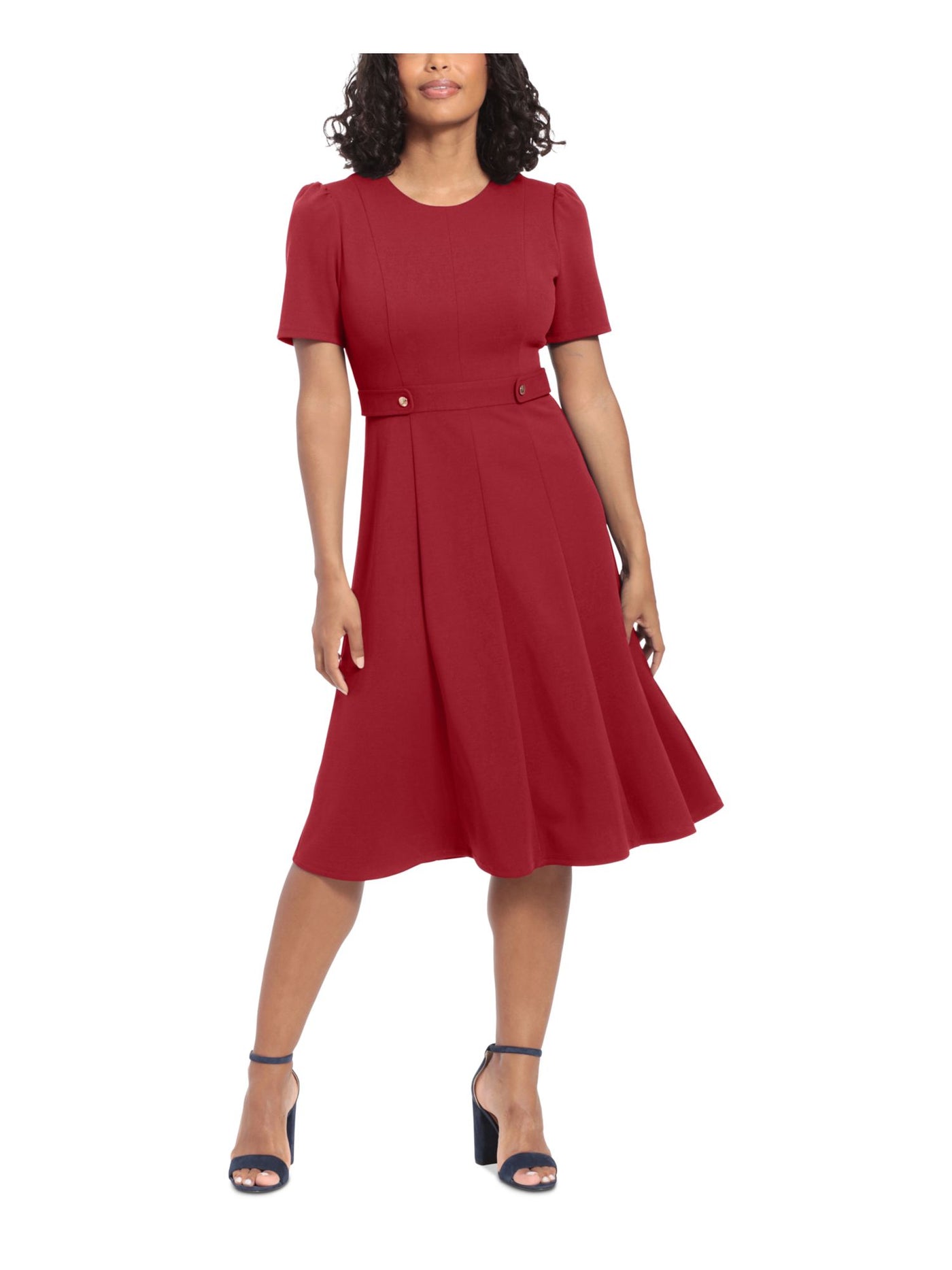 LONDON TIMES PETITES Womens Red Pleated Zippered Band Waist Button Tabs Short Sleeve Round Neck Midi Wear To Work Fit + Flare Dress Petites 10P