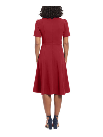 LONDON TIMES PETITES Womens Red Pleated Zippered Band Waist Button Tabs Short Sleeve Round Neck Midi Wear To Work Fit + Flare Dress Petites 10P