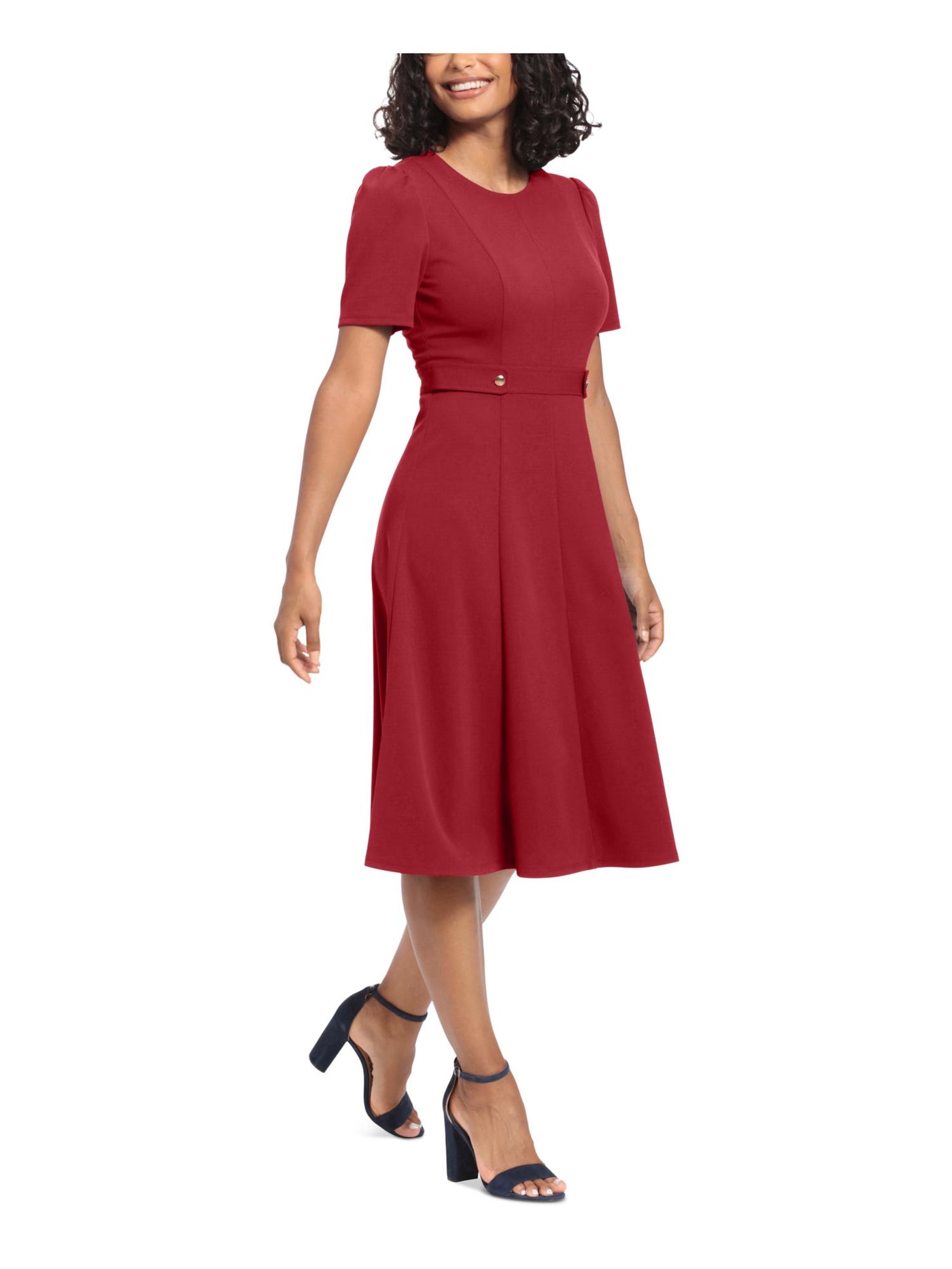 LONDON TIMES PETITES Womens Red Pleated Zippered Band Waist Button Tabs Short Sleeve Round Neck Midi Wear To Work Fit + Flare Dress Petites 10P