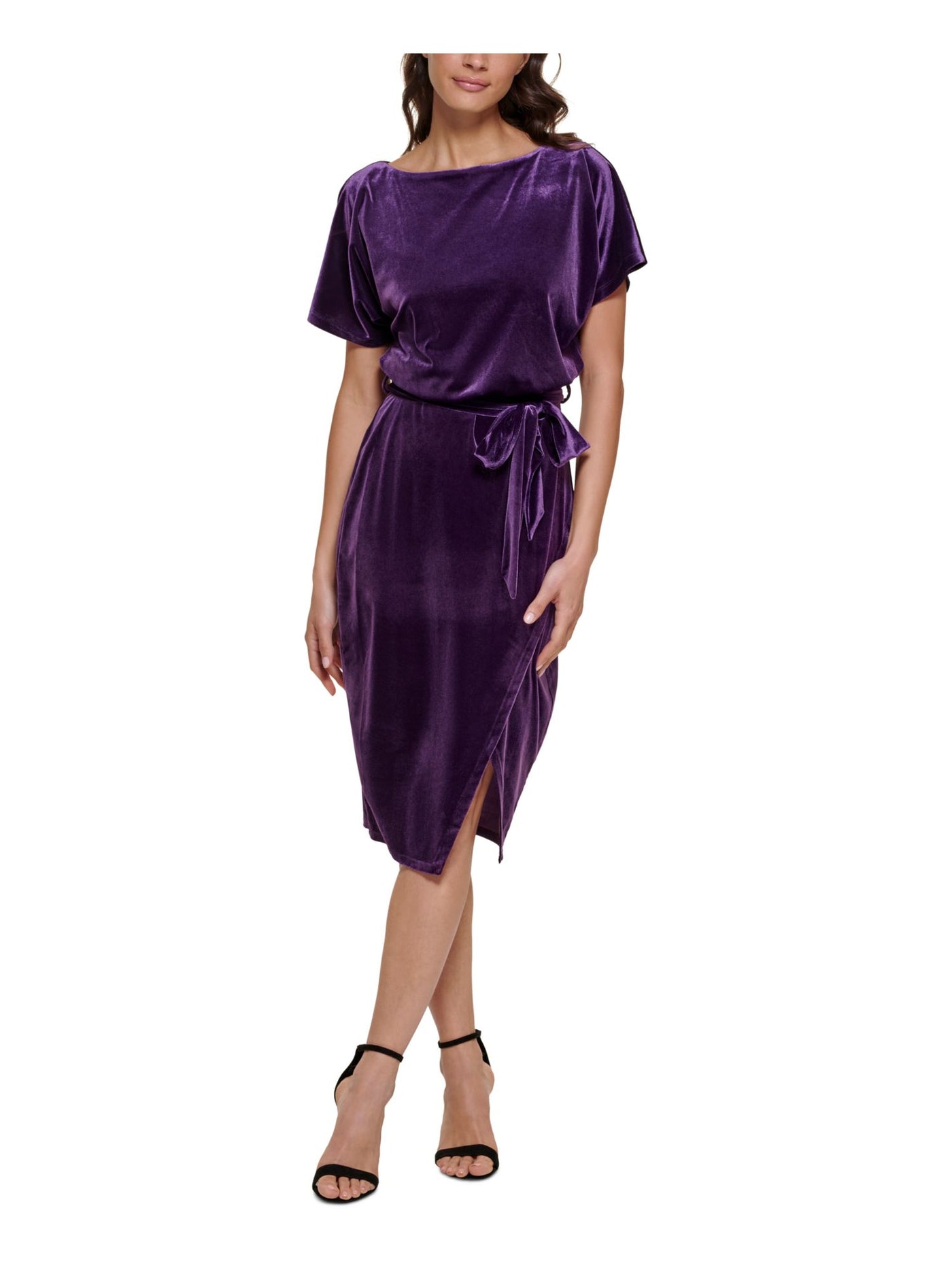 KENSIE DRESSES Womens Purple Belted Wrap-front Skirt Short Sleeve Boat Neck Knee Length Party Sheath Dress XS