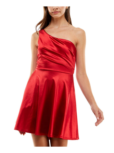 CITY STUDIO Womens Red Pleated Cutout Back Strappy Detail Sleeveless Asymmetrical Neckline Mini Party Fit + Flare Dress 9\10