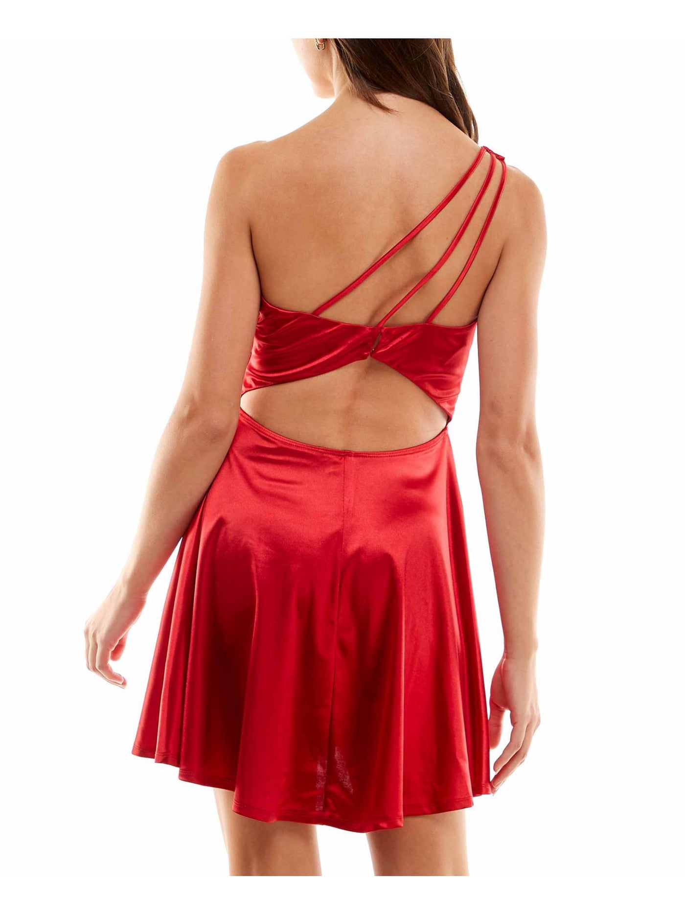 CITY STUDIO Womens Red Pleated Cutout Back Strappy Detail Sleeveless Asymmetrical Neckline Mini Party Fit + Flare Dress 9\10