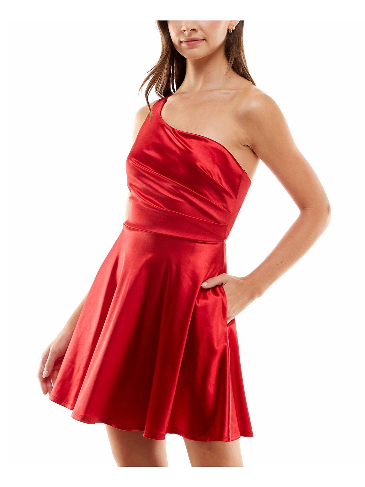 CITY STUDIO Womens Red Pleated Cutout Back Strappy Detail Sleeveless Asymmetrical Neckline Mini Party Fit + Flare Dress 9\10