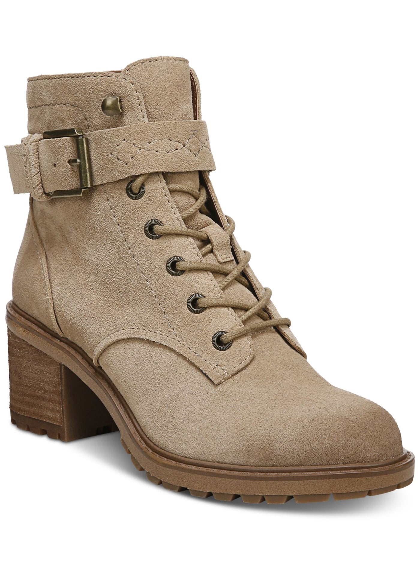 ZODIAC Womens Beige Lace-Up Buckled Strap Detail Padded Lug Sole Arch Support Gemma Round Toe Block Heel Zip-Up Leather Combat Boots 6.5 M