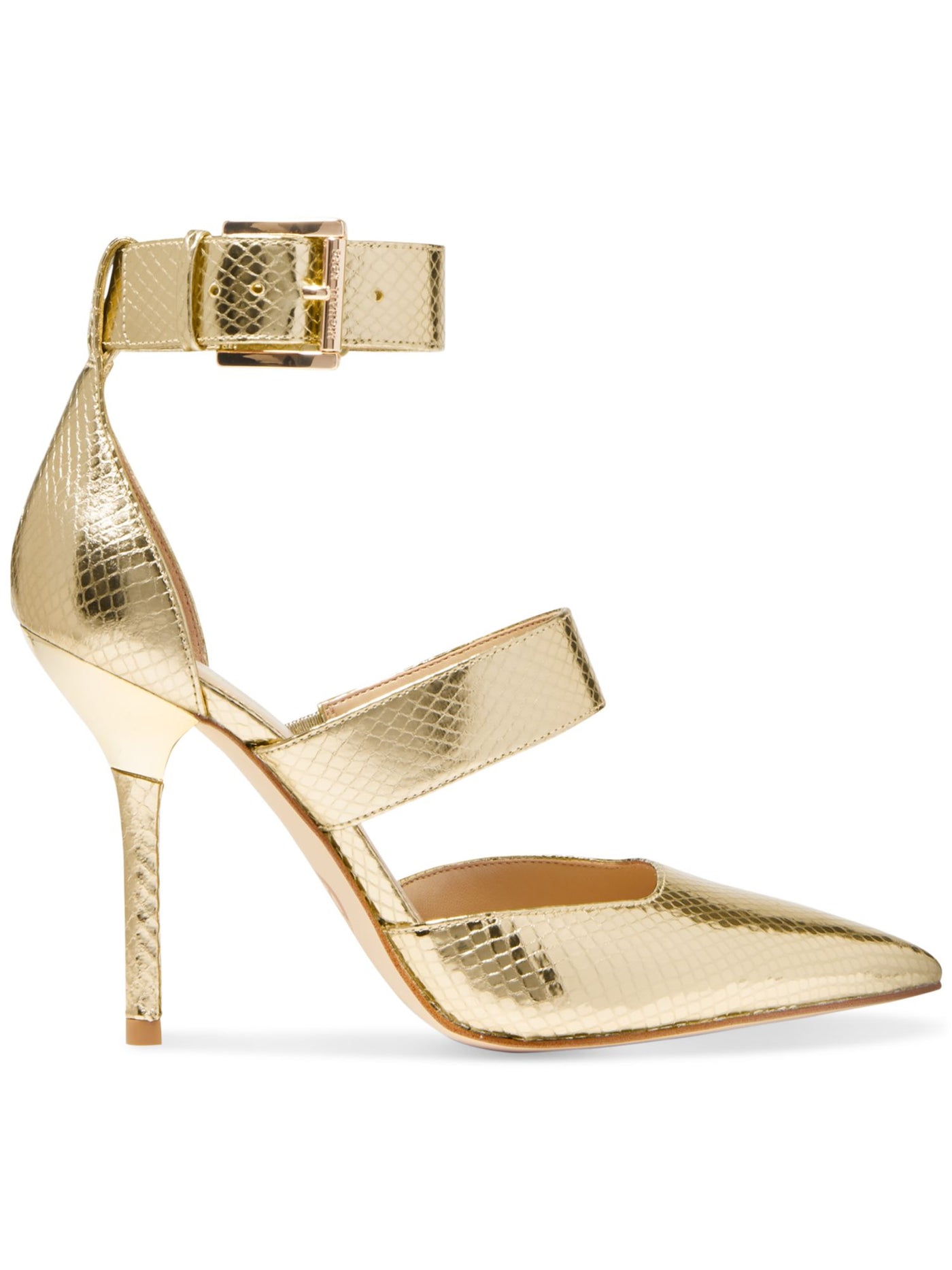 MICHAEL MICHAEL KORS Womens Gold Solid Snake Metallic Goring Ankle Strap Padded Amal Pointed Toe Stiletto Buckle Leather Dress Pumps Shoes 9 M