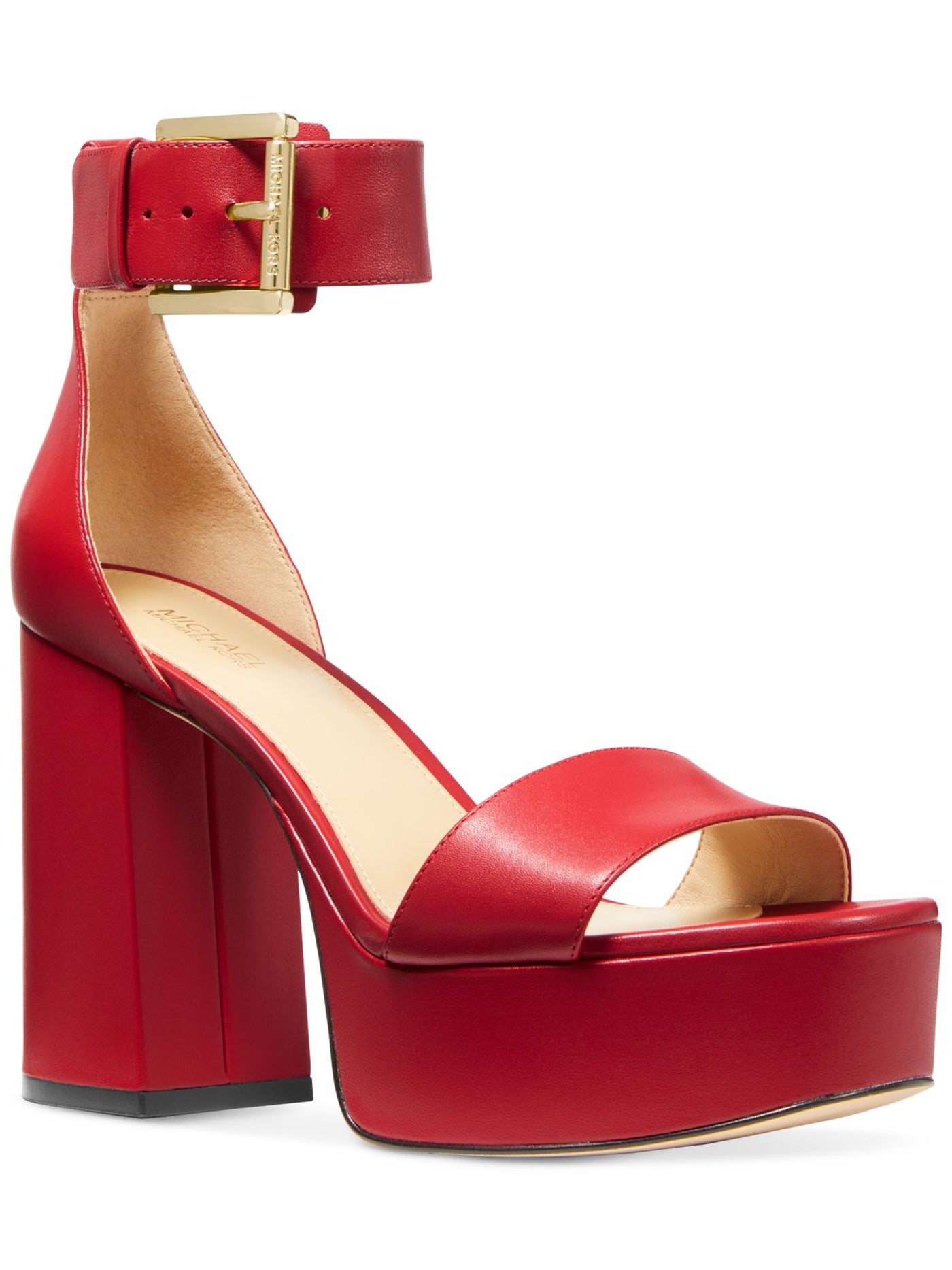 MICHAEL MICHAEL KORS Womens Red 1-1/2" Platform Padded Tara Round Toe Platform Buckle Leather Dress Sandals Shoes 6.5