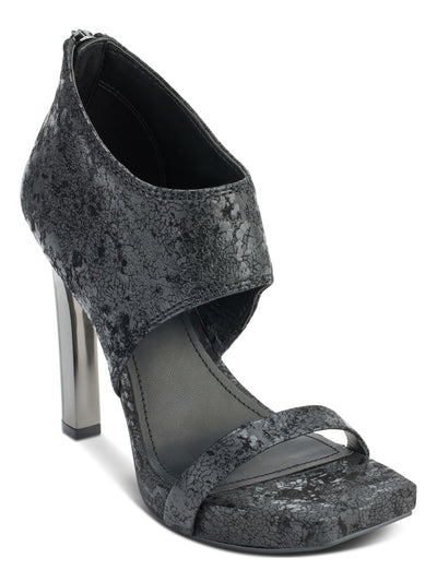 DKNY Womens Black Patterned Ankle Cuff Logo Zip Padded Dava Square Toe Block Heel Zip-Up Leather Dress Heeled Sandal 6.5