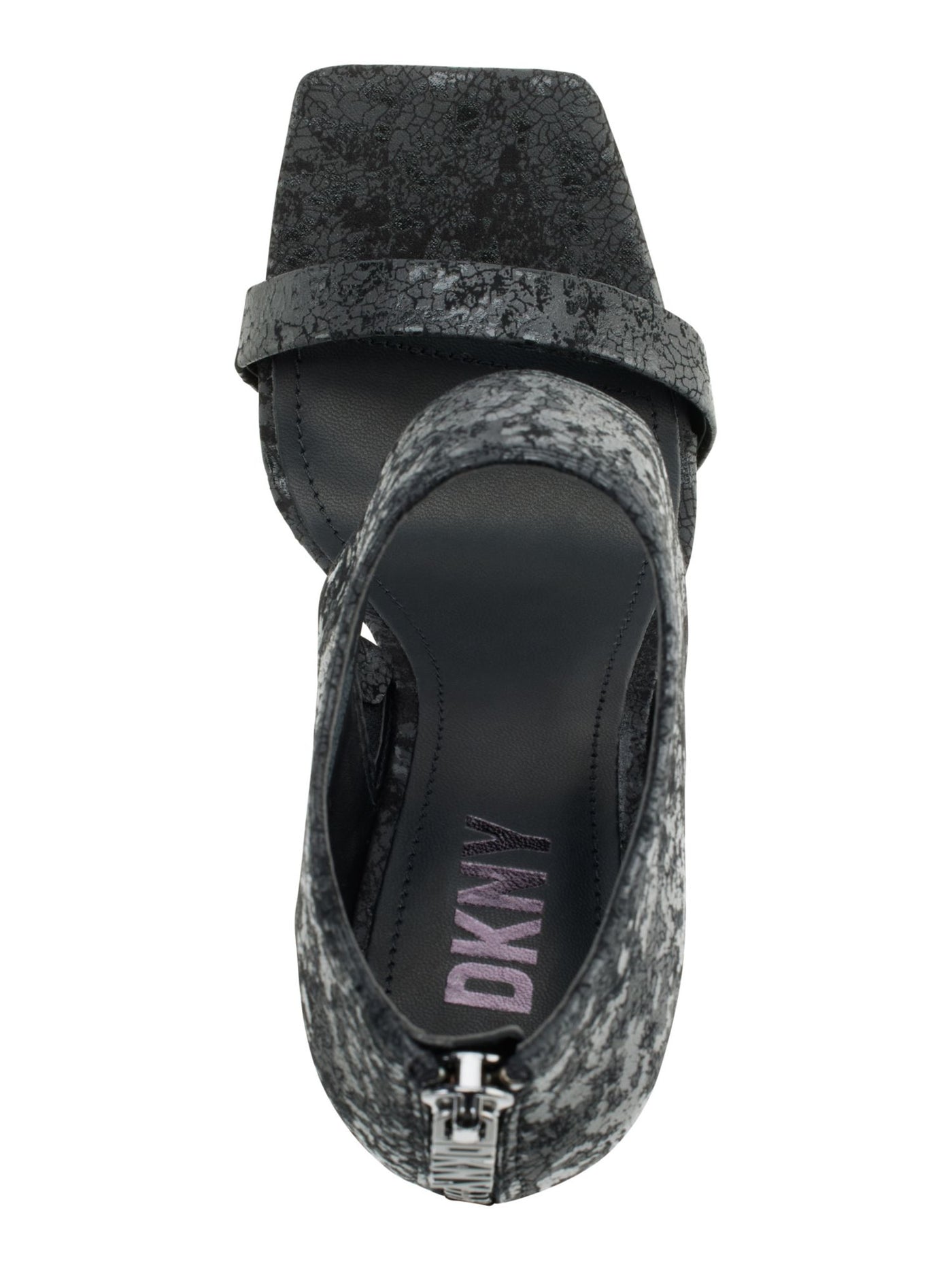 DKNY Womens Black Patterned Ankle Cuff Logo Zip Padded Dava Square Toe Block Heel Zip-Up Leather Dress Heeled Sandal 6.5
