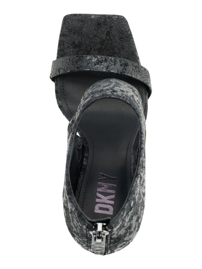 DKNY Womens Black Patterned Ankle Cuff Logo Zip Padded Dava Square Toe Block Heel Zip-Up Leather Dress Heeled Sandal 6.5