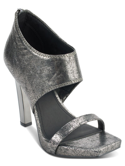 DKNY Womens Gray Patterned Logo Zip Ankle Cuff Metallic Padded Dava Square Toe Block Heel Zip-Up Leather Dress Heeled Sandal 9.5