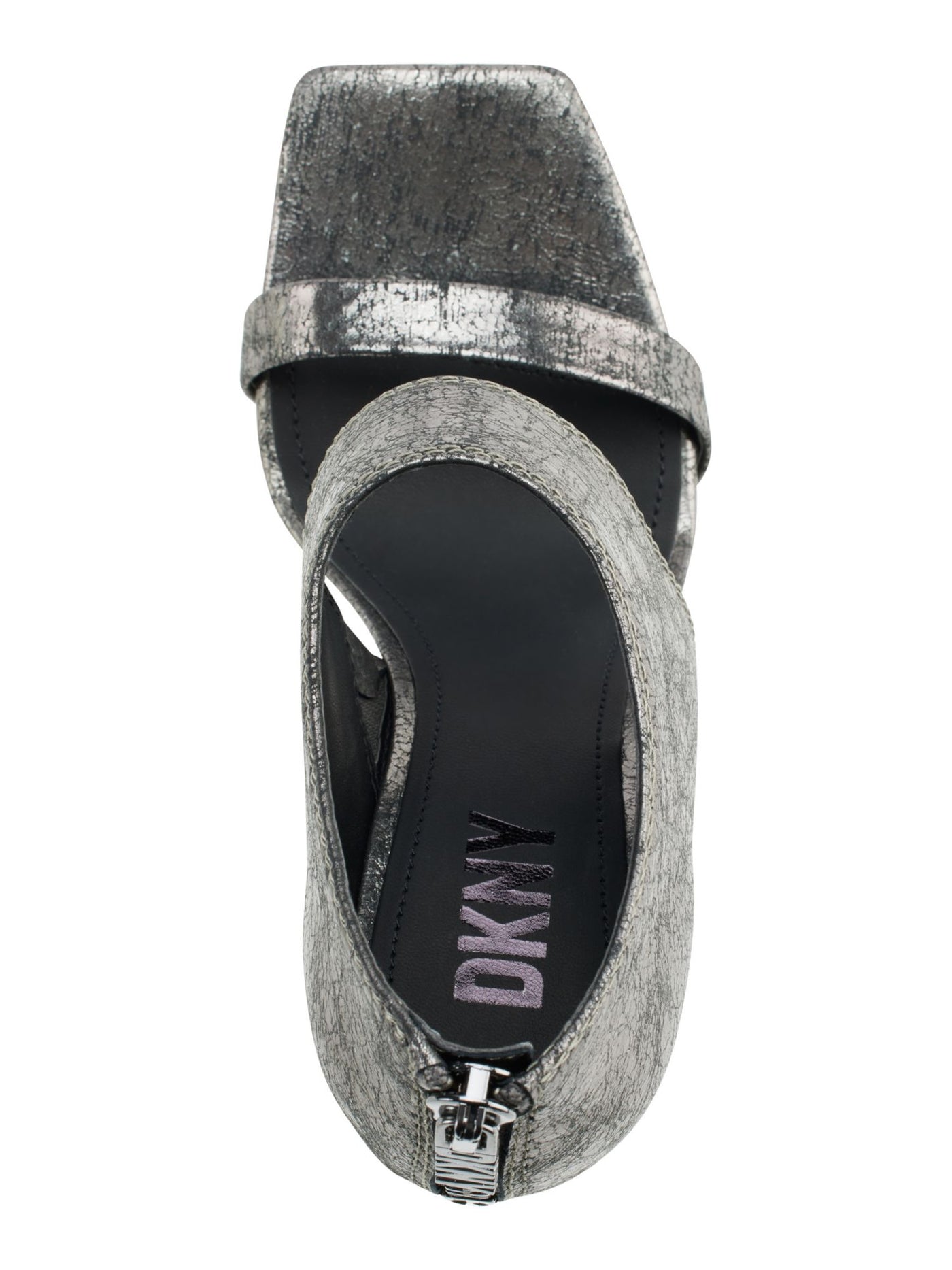 DKNY Womens Gray Patterned Logo Zip Ankle Cuff Metallic Padded Dava Square Toe Block Heel Zip-Up Leather Dress Heeled Sandal 8.5