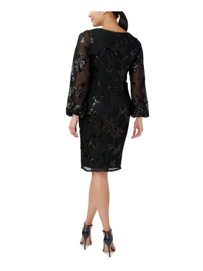 ADRIANNA PAPELL Womens Black Sequined Slitted Zippered Lined Long Sleeve V Neck Knee Length Evening Sheath Dress 8