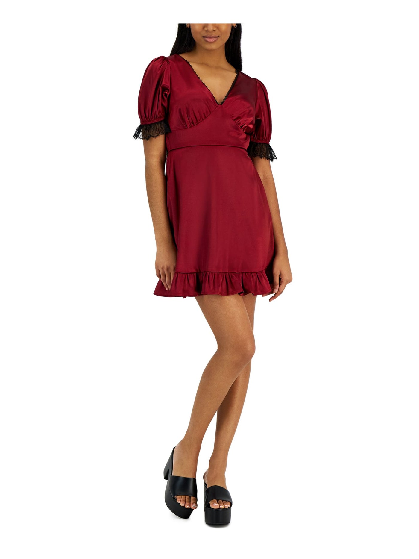 KIT + SKY Womens Red Lined Ruffled Keyhole Back Short Sleeve V Neck Above The Knee Party Shift Dress S