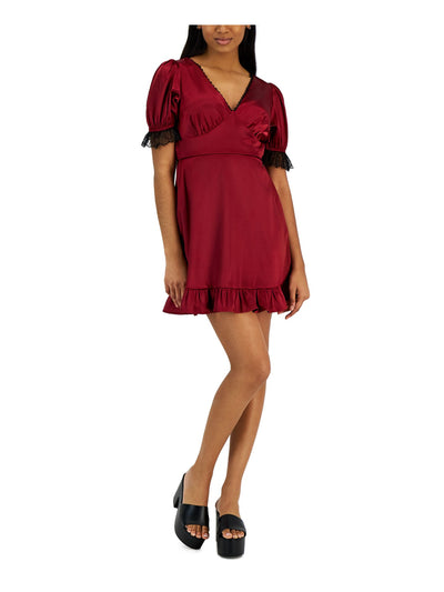 KIT + SKY Womens Red Lined Ruffled Keyhole Back Short Sleeve V Neck Above The Knee Party Shift Dress S