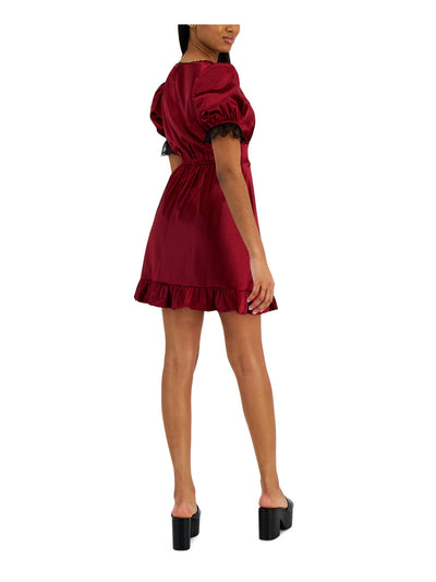 KIT + SKY Womens Red Lined Ruffled Keyhole Back Short Sleeve V Neck Above The Knee Party Shift Dress S
