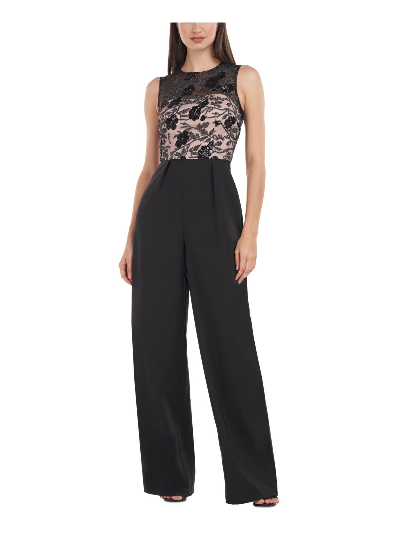 JS COLLECTIONS Womens Black Zippered Embroidered Sheer Lined Sequined Pleated Floral Sleeveless Round Neck Evening Wide Leg Jumpsuit 8