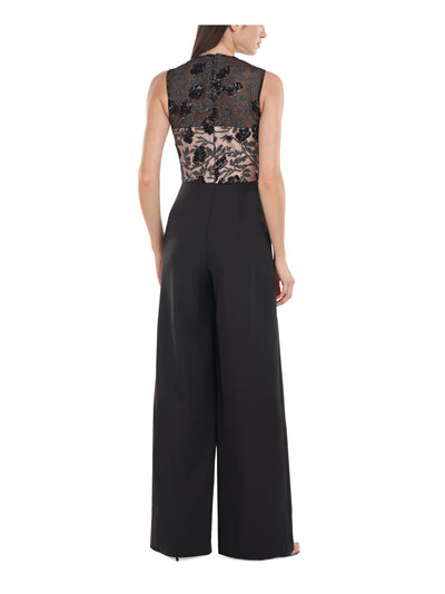 JS COLLECTIONS Womens Black Zippered Embroidered Sheer Lined Sequined Pleated Floral Sleeveless Round Neck Evening Wide Leg Jumpsuit 8