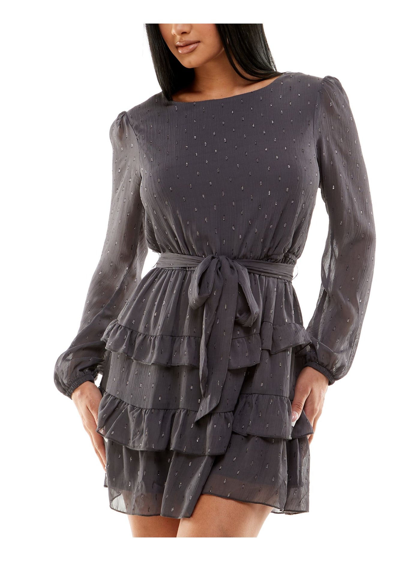 SPEECHLESS Womens Gray Belted Lined Keyhole Back Tiered Skirt Long Sleeve Crew Neck Short Party Fit + Flare Dress S