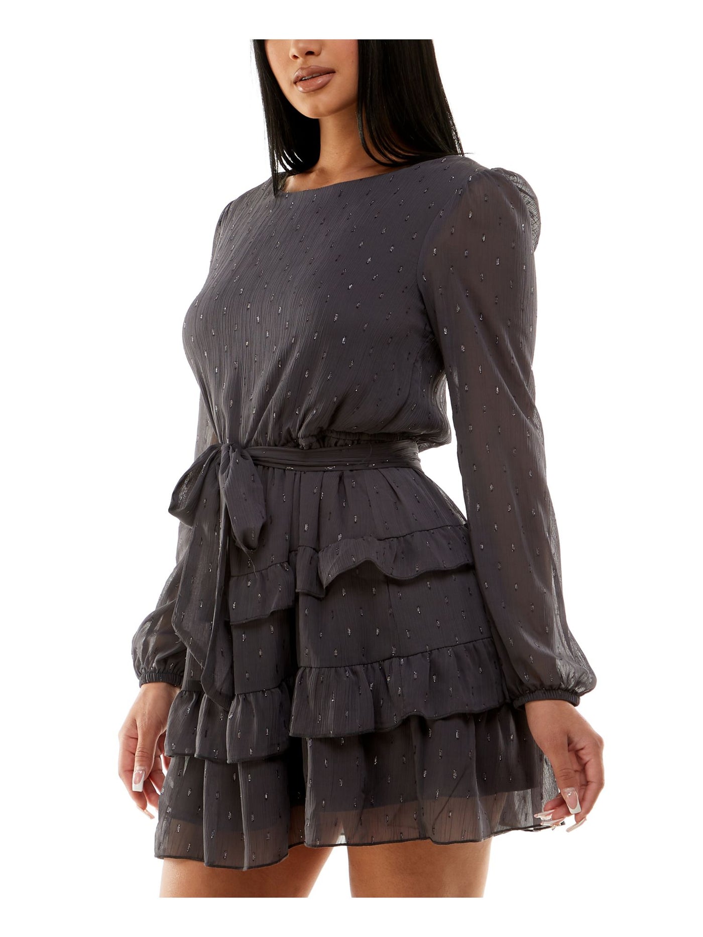 SPEECHLESS Womens Gray Belted Lined Keyhole Back Tiered Skirt Long Sleeve Crew Neck Short Party Fit + Flare Dress XS