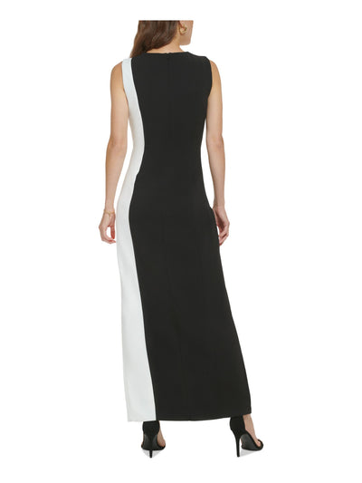 DKNY Womens Black Zippered Ruched Slit Lined Bodice Color Block Sleeveless Round Neck Full-Length Formal Gown Dress 4