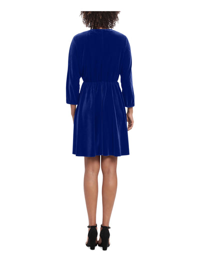 LONDON TIMES Womens Blue Unlined Elastic Waist Pullover Dolman Sleeve V Neck Above The Knee Wear To Work Fit + Flare Dress S